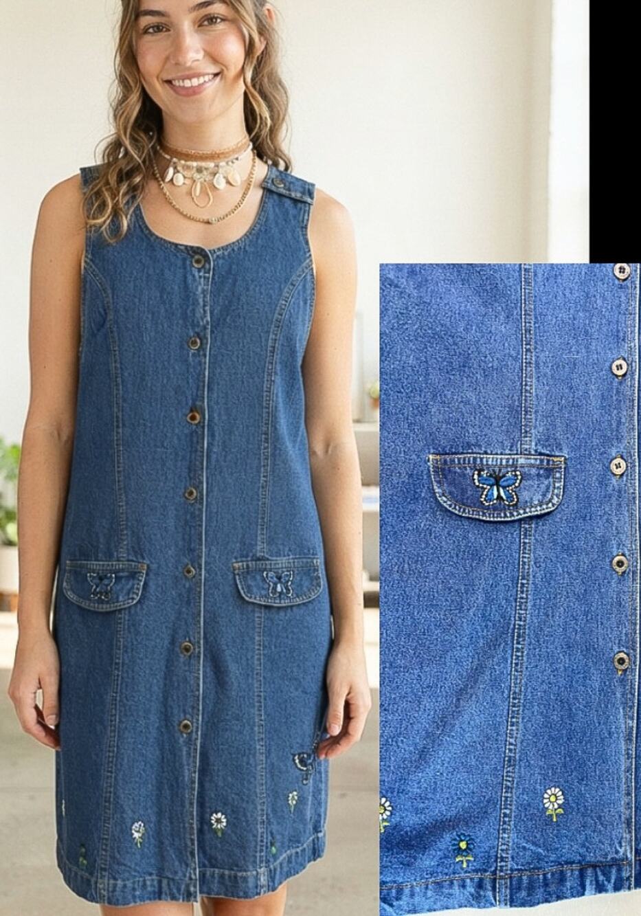90's Carolina Bay Retro Denim Jumper Dress with Butterfly & Floral Embroidery